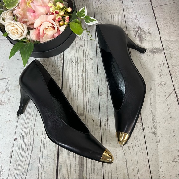 Stuart Weitzman Vintage Heels Black Gold Cap Toe Size 9 SS Narrow Leather READ - Picture 7 of 16